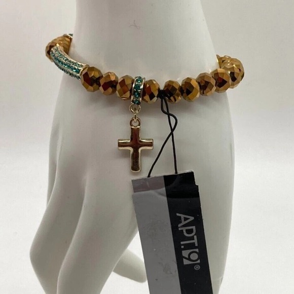 APT. 9 Gold Tone Stretch Bracelet with Faceted Beads & Green Pave Cross Charm - Picture 6 of 13